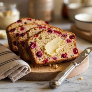 A loaf of crusty cranberry nut no knead bread with a golden-brown crust, bursting with dried cranberries and crunchy nuts.