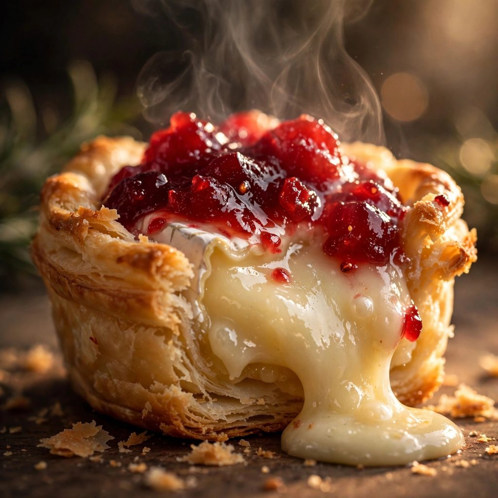 Macro close-up of a cranberry brie bite with oozing melted brie and glistening cranberry sauce