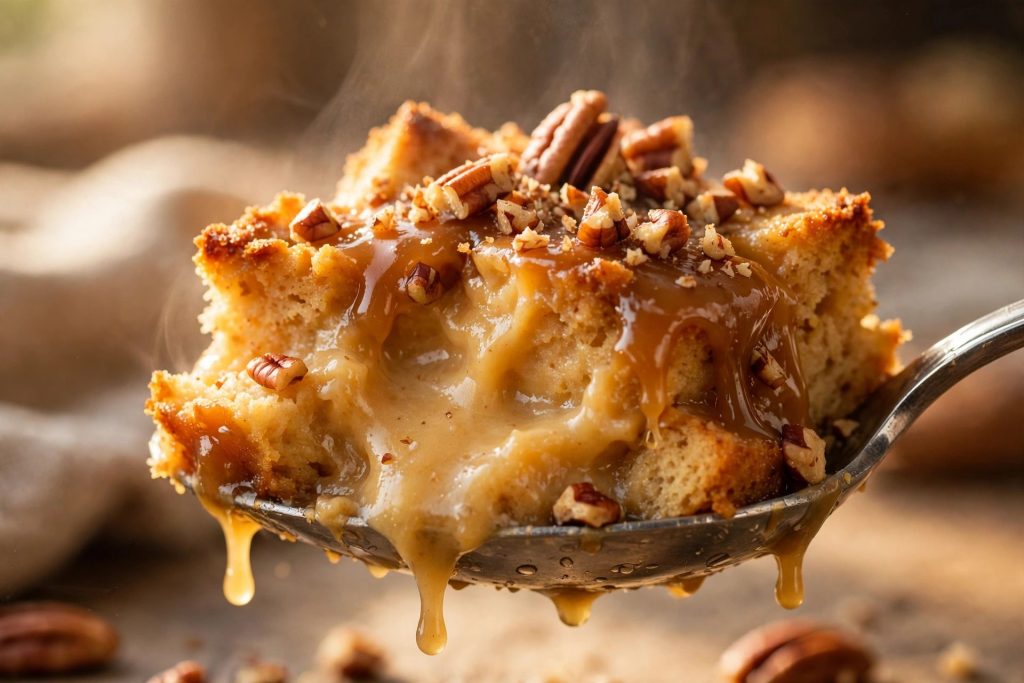 Close-up spoonful of warm pumpkin bread pudding with caramel sauce and pecans