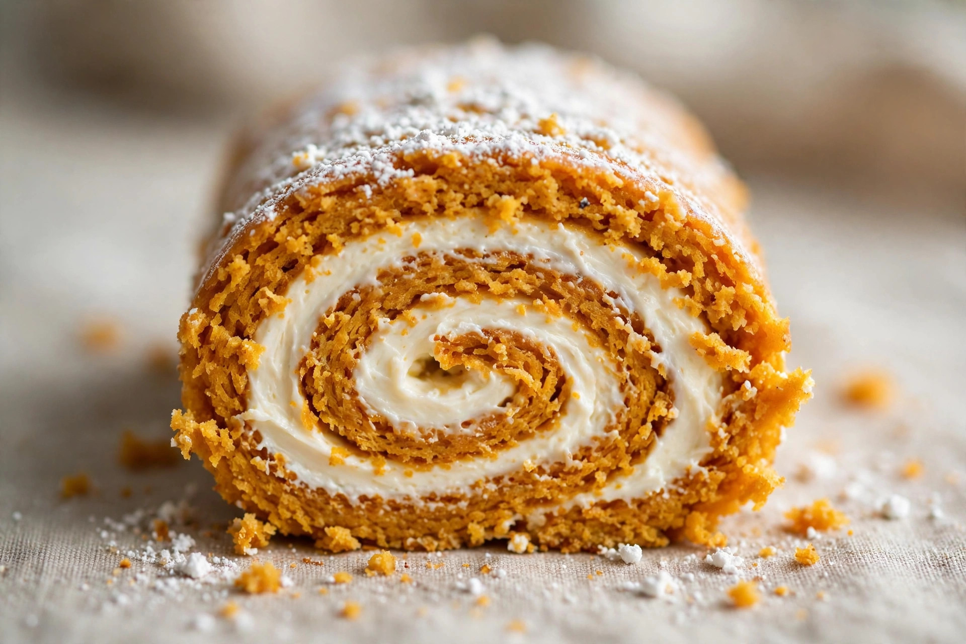 Close-up of a pumpkin roll slice showing the cream cheese swirl