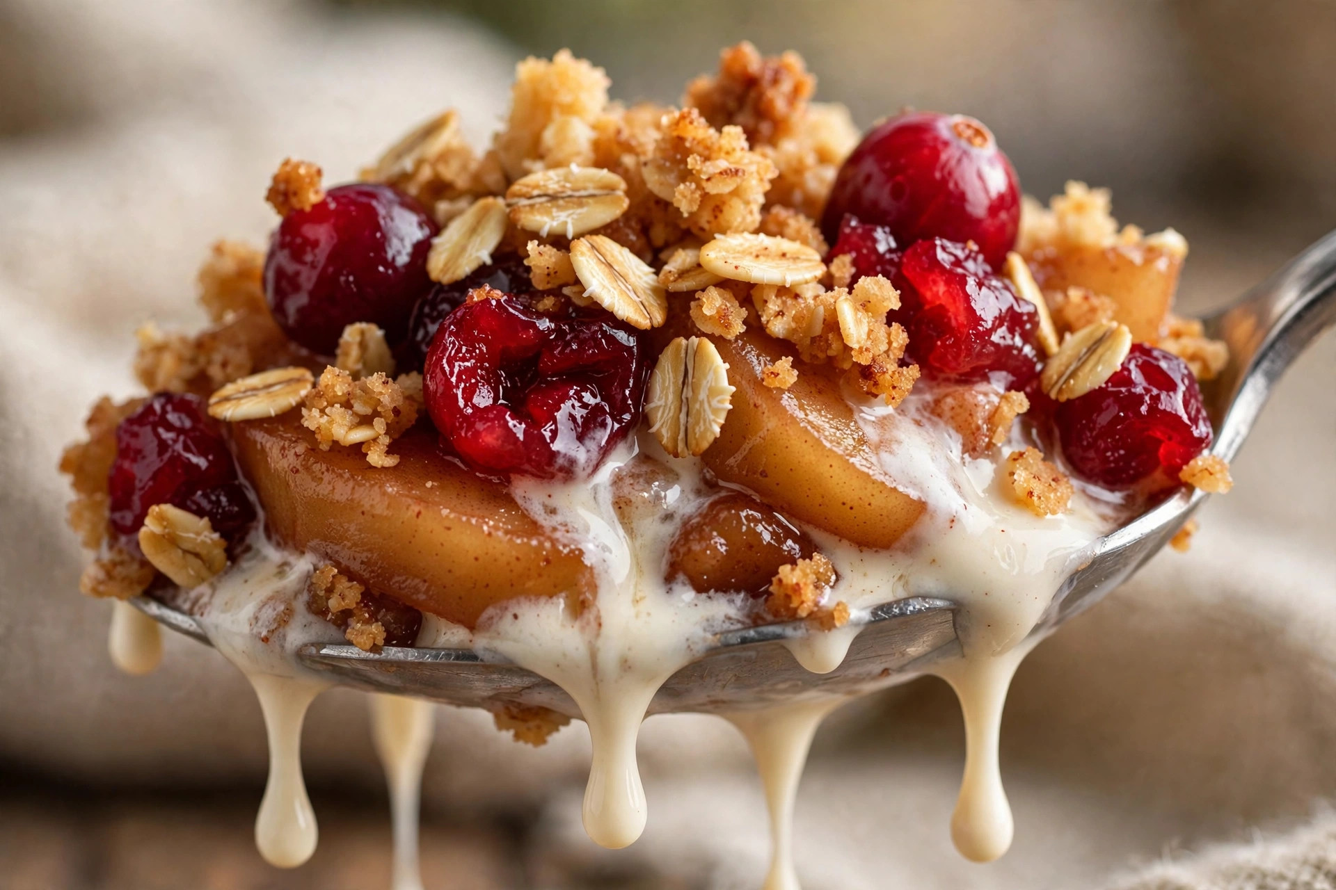 Close-up of a warm spoonful of apple cranberry crisp with cranberries and melting ice cream