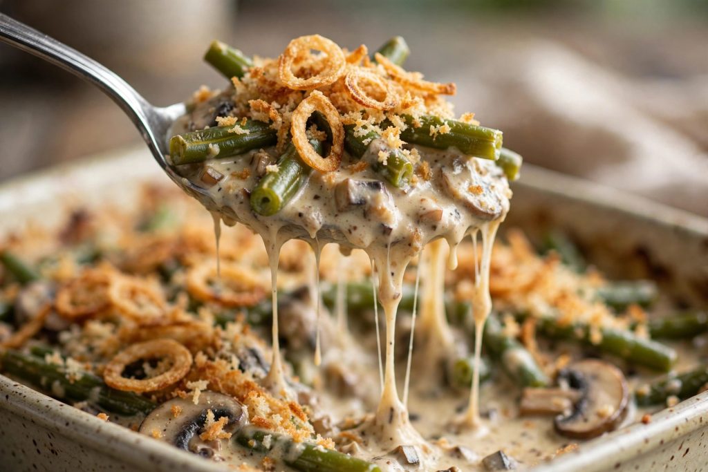 Closeup of green bean casserole from scratch with creamy mushroom sauce, crispy fried shallots and panko topping