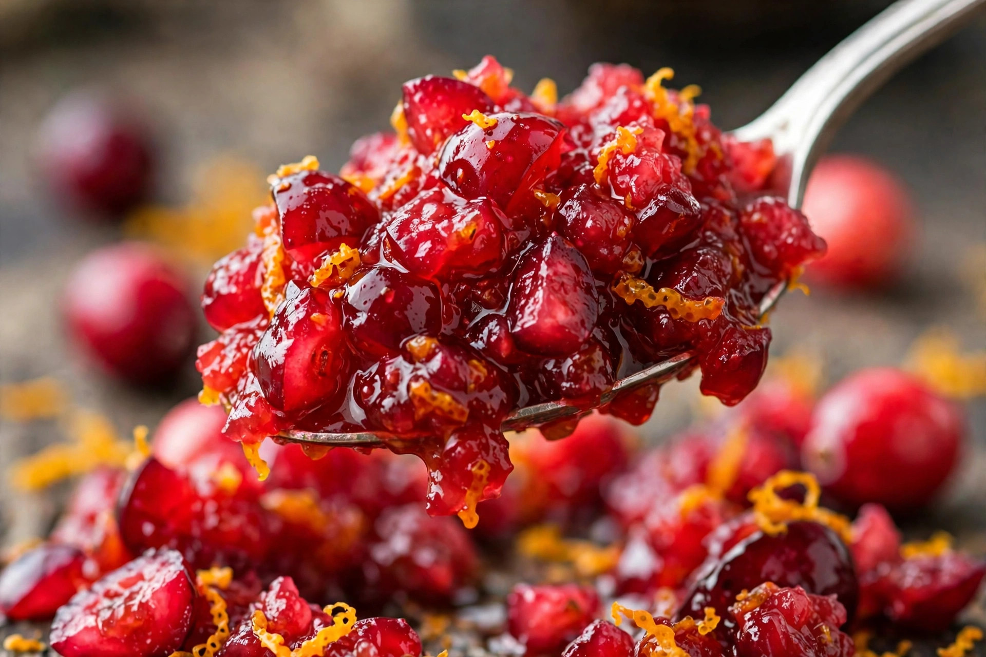 Closeup of bright, chunky cranberry orange relish in a bowl