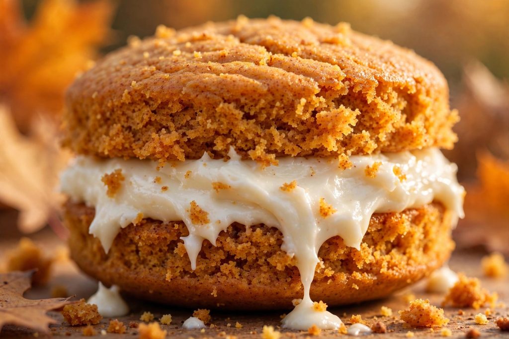 Macro close-up of a finished pumpkin whoopie pie