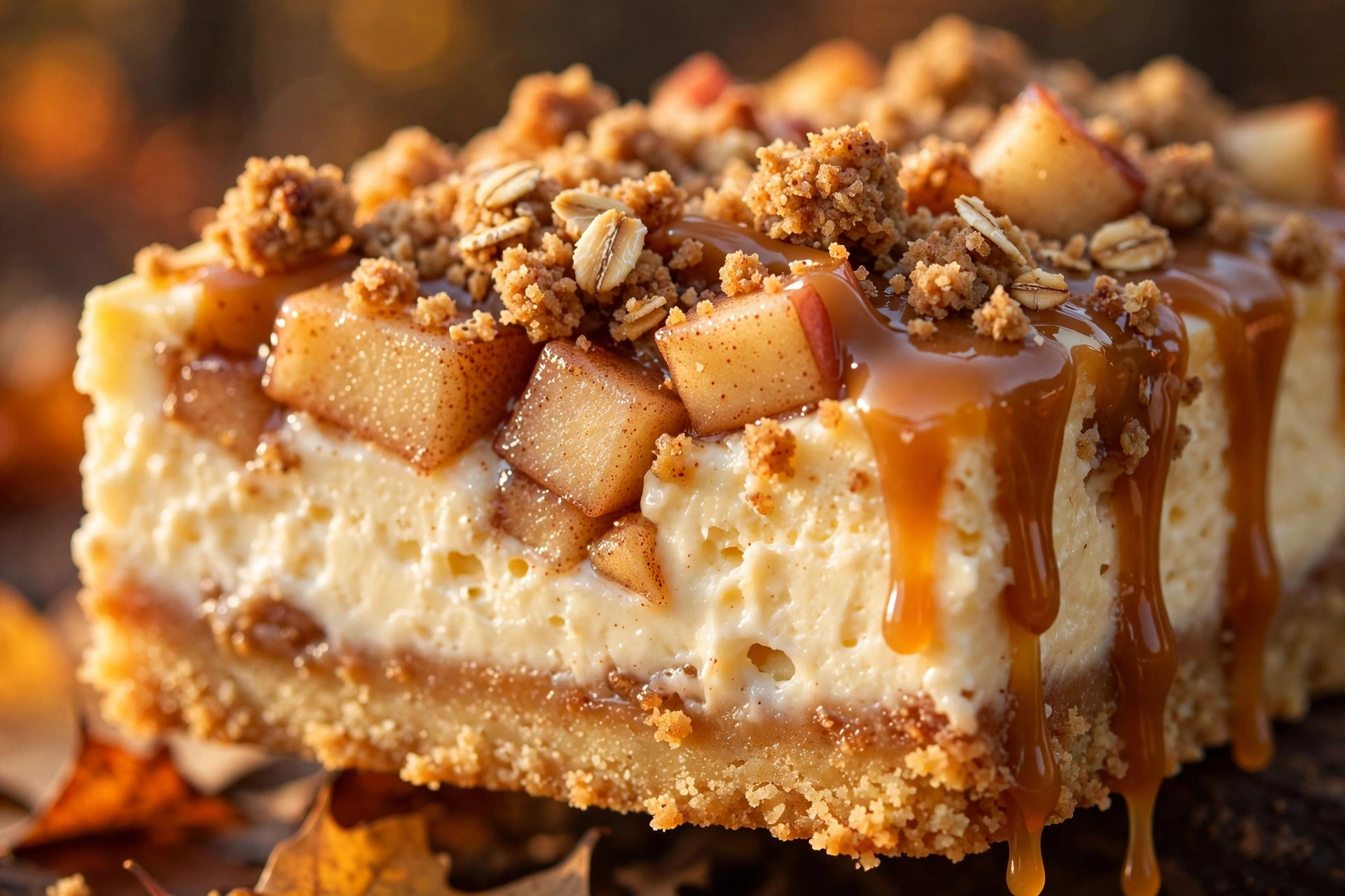 Close-up of a caramel apple cheesecake bar showing the layered crust, cheesecake, apples and caramel drizzle