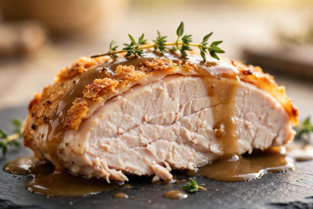 Sliced herb butter roast turkey breast with golden crisp skin