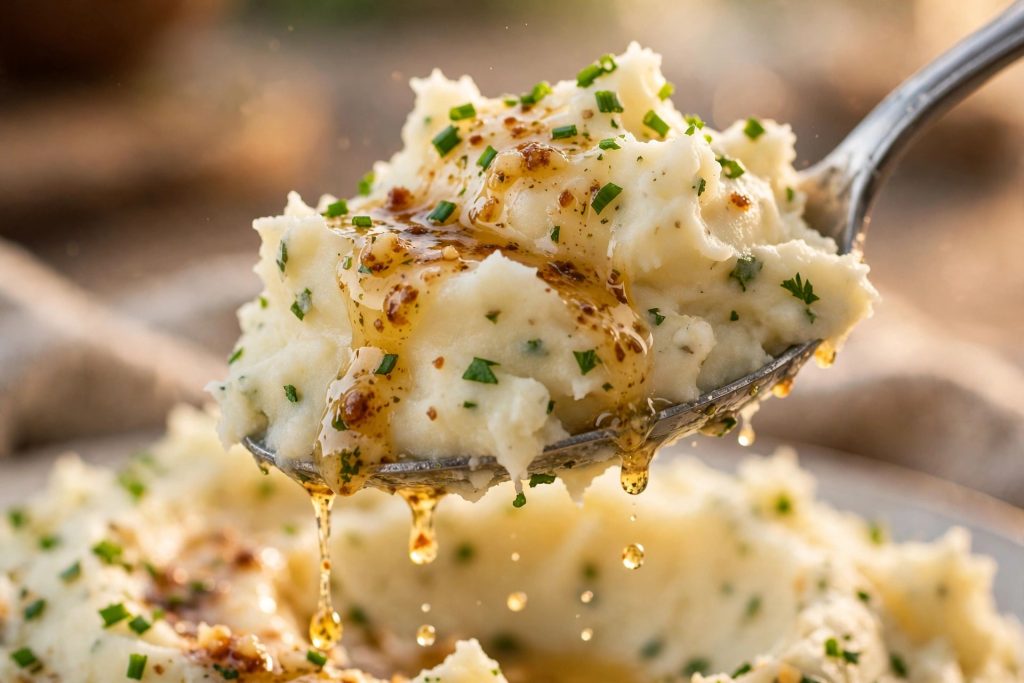 Macro close-up of silky mashed potatoes swirl
