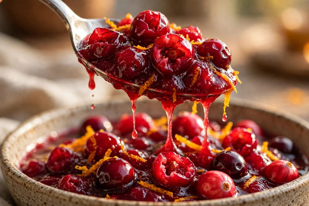 Glossy cranberry sauce on a spoon
