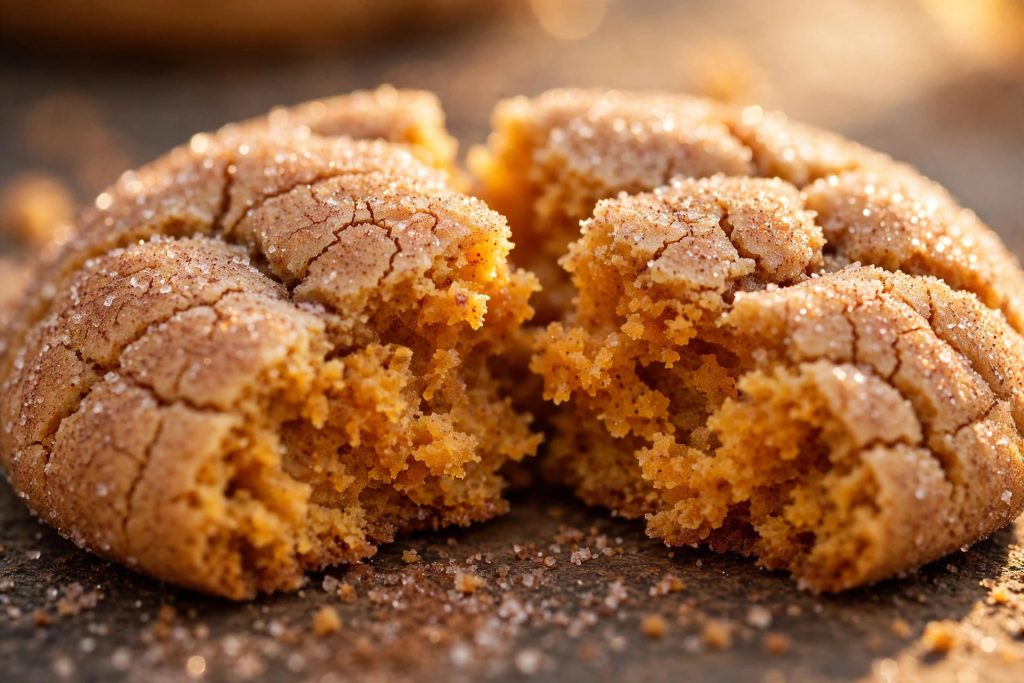 Close-up of a broken pumpkin snickerdoodle showing its soft orange crumb