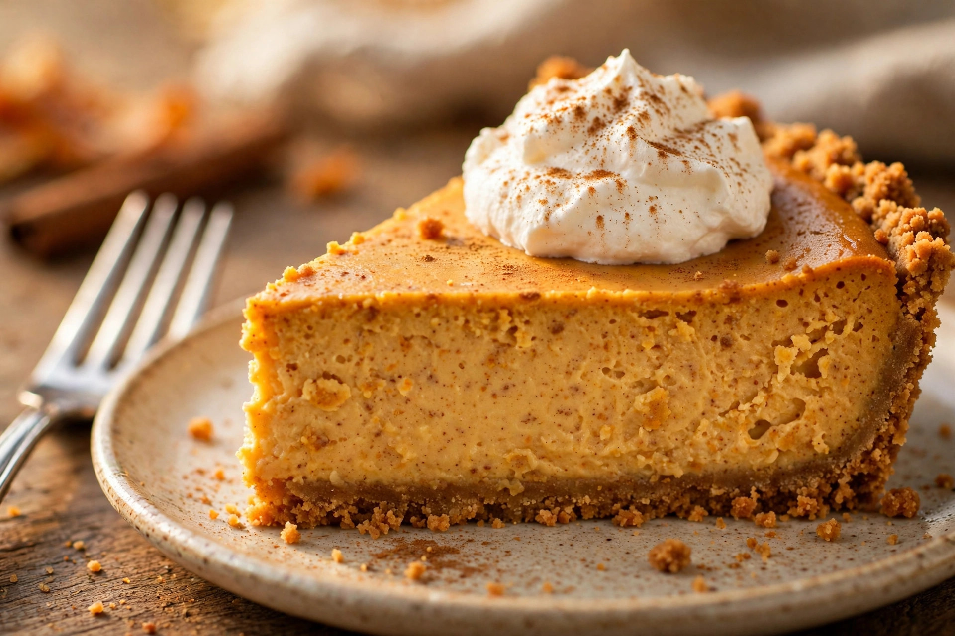 Close-up slice of pumpkin pie cheesecake topped with whipped cream