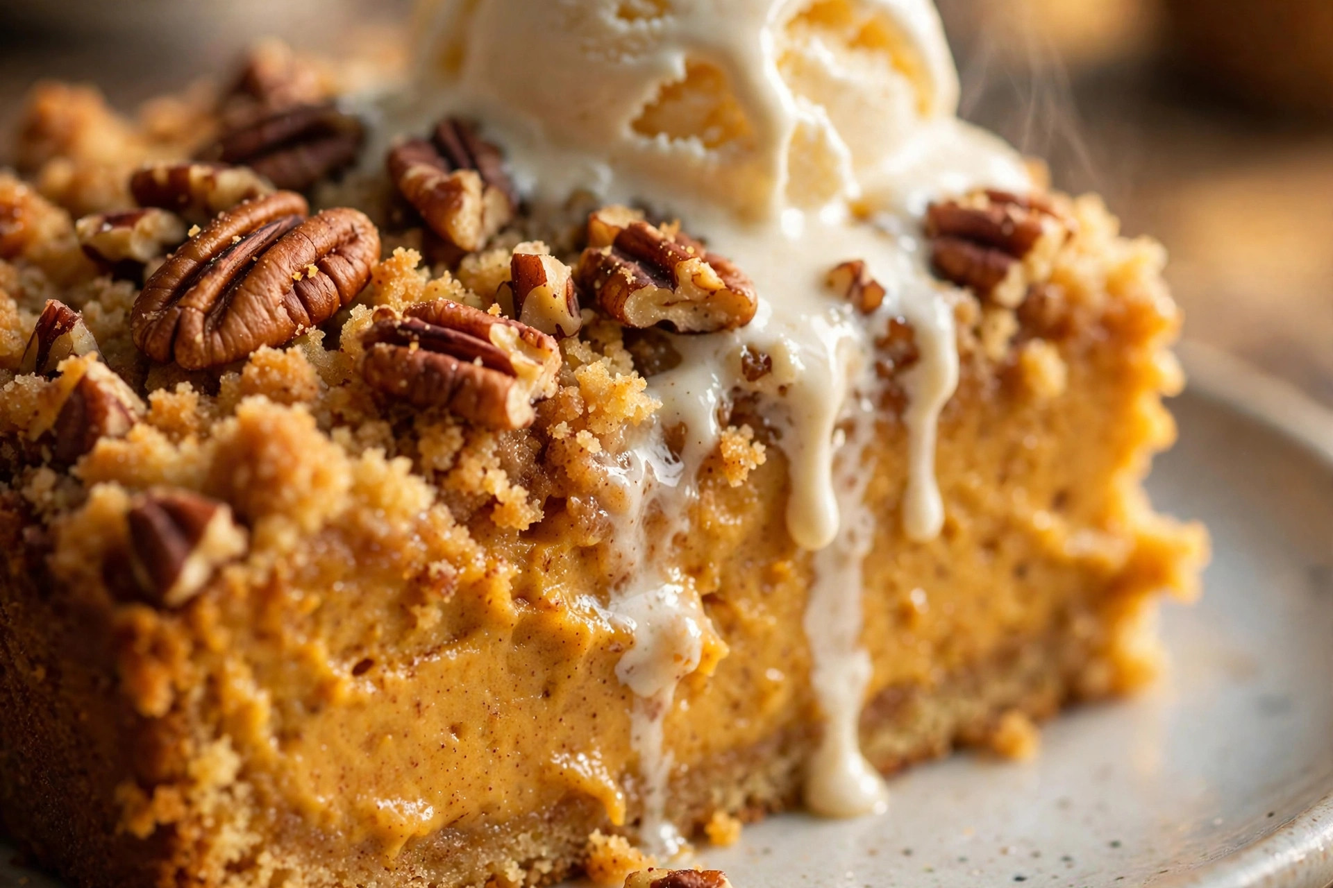 Close-up of a warm pumpkin dump cake slice with melting vanilla ice cream and toasted pecans