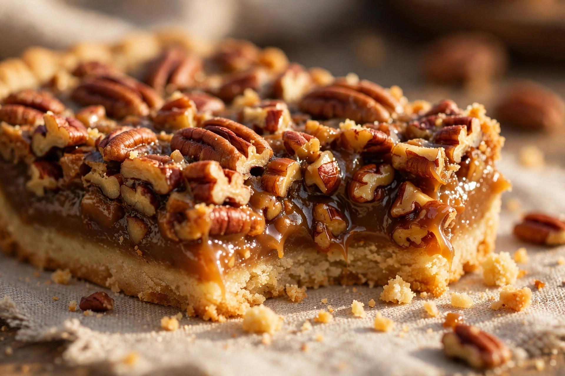 Close-up of a pecan pie bar showing the gooey caramel pecan filling and golden shortbread crust