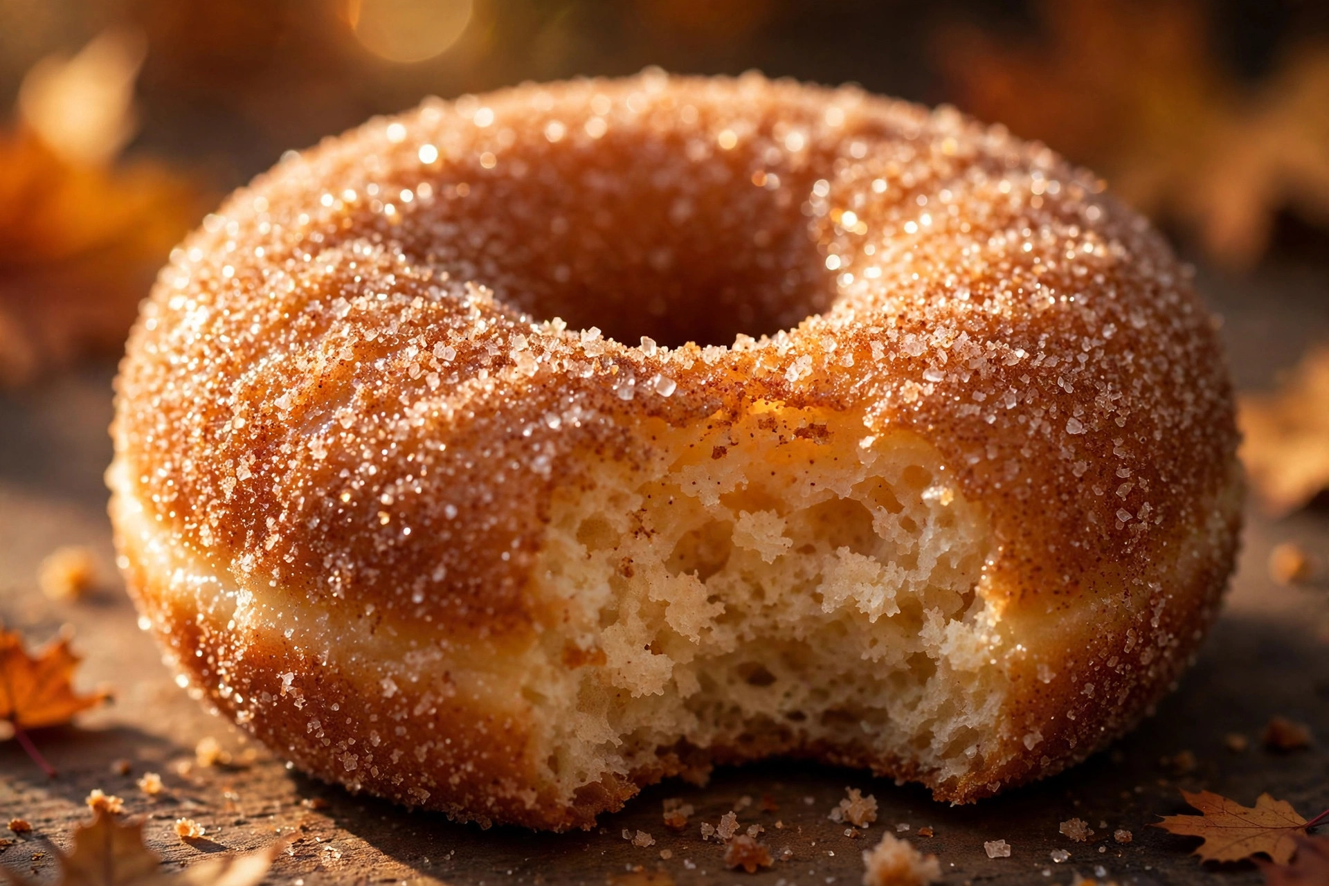 Close-up of a baked apple cider donut coated in cinnamon sugar