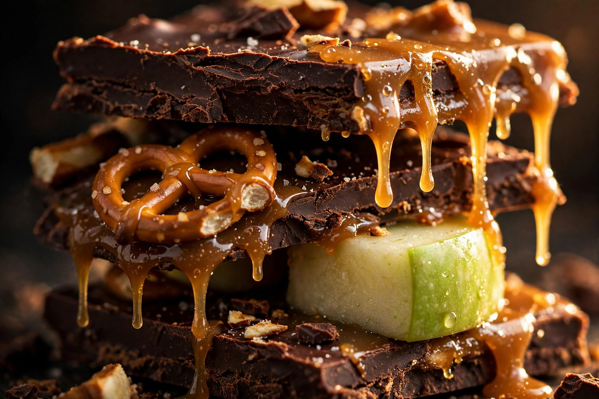 Close-up of caramel apple bark pieces with caramel drizzle, pretzel and green apple