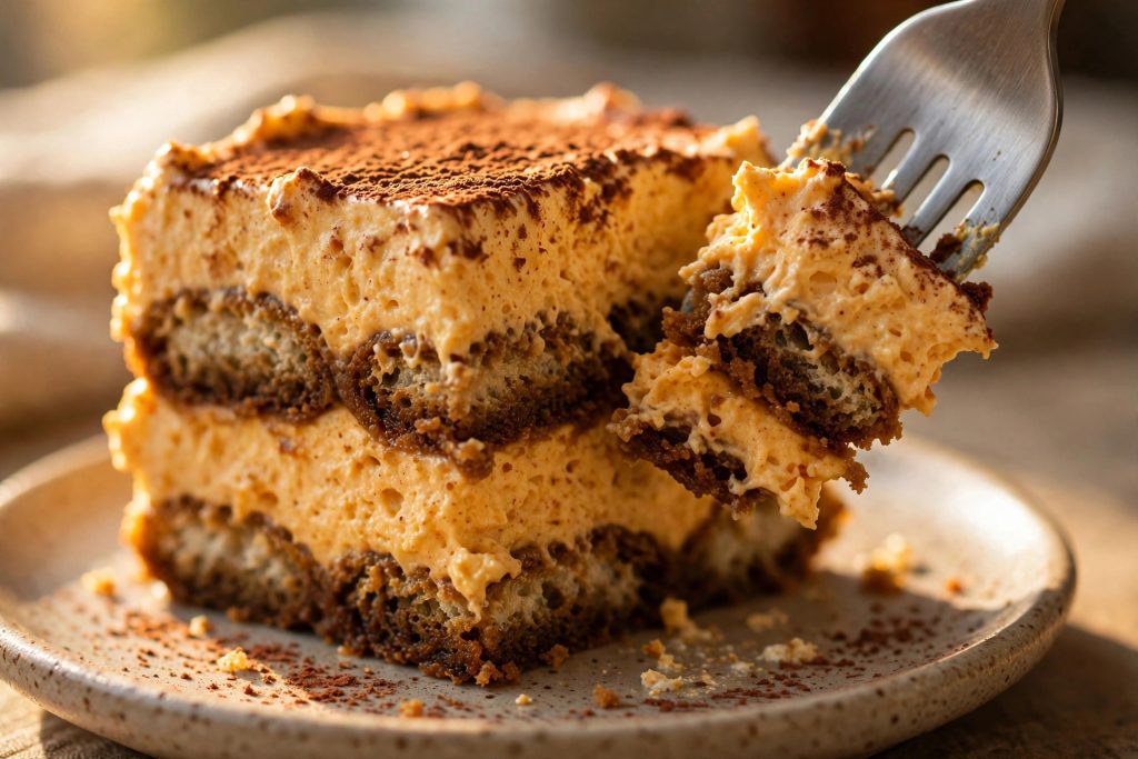 Close-up slice of pumpkin tiramisu showing the layers