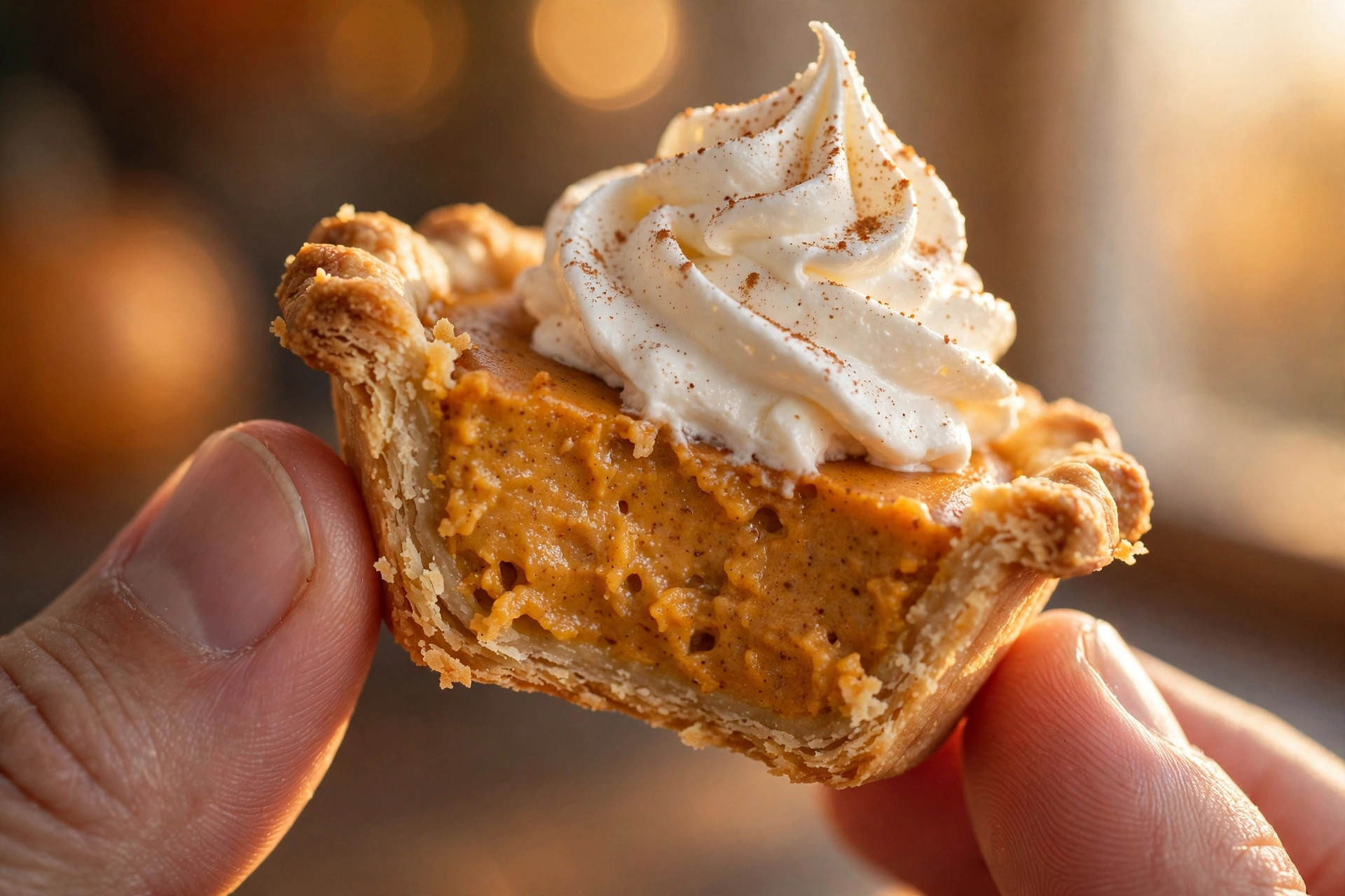 Close-up of a mini pumpkin pie bite with whipped cream swirl and cinnamon