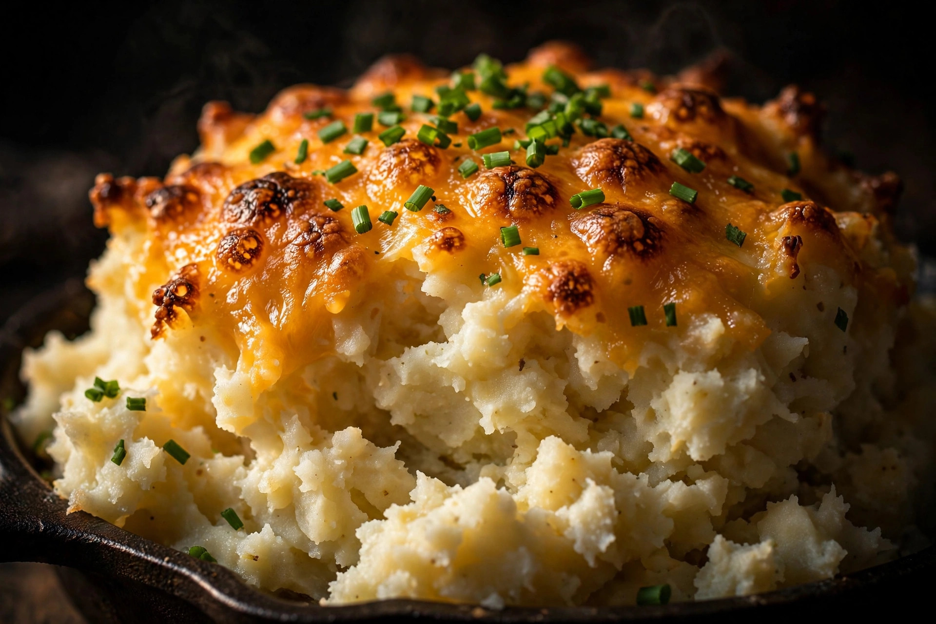 Close-up of creamy mashed potato casserole with bubbly golden cheddar crust and chives