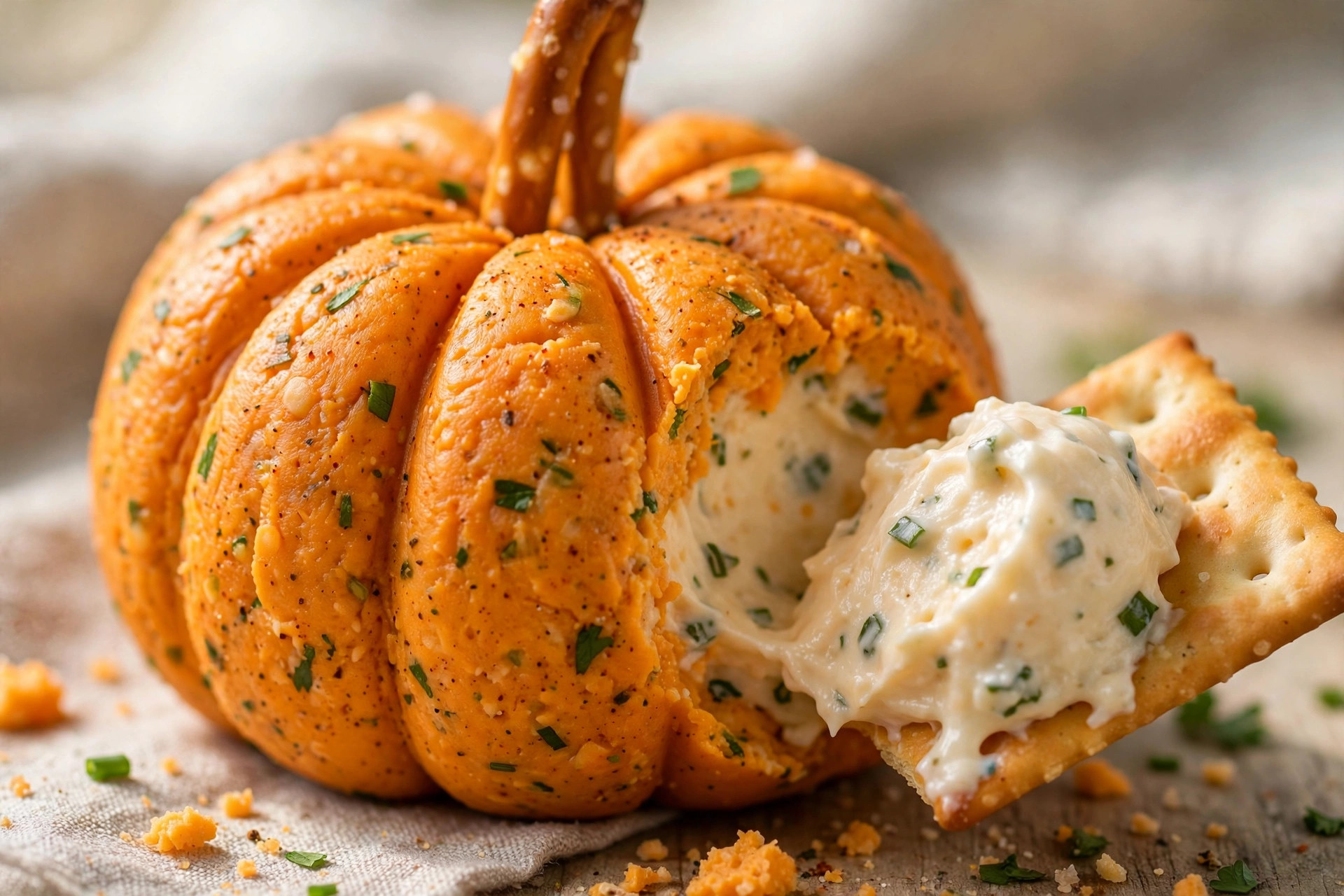 Close-up of the finished pumpkin cheese ball with crackers