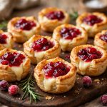 Platter of golden cranberry brie bites with melted brie and cranberry sauce, garnished with fresh rosemary