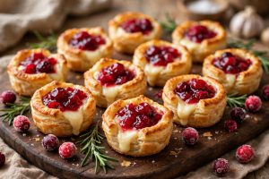 Platter of golden cranberry brie bites with melted brie and cranberry sauce, garnished with fresh rosemary
