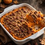 Sweet potato casserole with pecan streusel in a white baking dish with a serving spoon