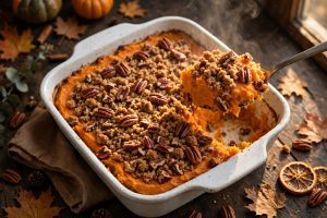 Sweet potato casserole with pecan streusel in a white baking dish with a serving spoon