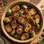 Maple roasted brussels sprouts with bacon in a serving bowl