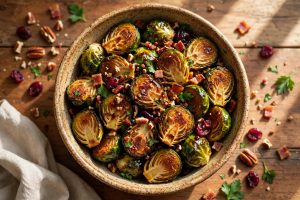 Maple roasted brussels sprouts with bacon in a serving bowl