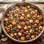 Sausage apple cornbread stuffing baked golden in a dish