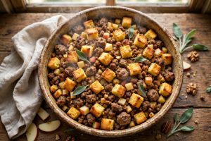 Sausage apple cornbread stuffing baked golden in a dish