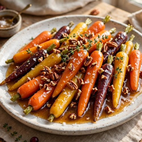 Honey glazed carrots with brown butter on a serving platter