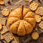 Pumpkin cheese ball shaped like a mini pumpkin with crackers