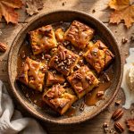 Pumpkin bread pudding with caramel sauce and pecans