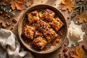 Pumpkin bread pudding with caramel sauce and pecans