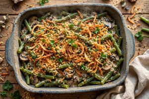 Green bean casserole from scratch in a baking dish topped with crispy fried shallots and golden panko