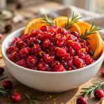 A bowl of bright cranberry orange relish with orange slices