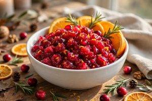 A bowl of bright cranberry orange relish with orange slices