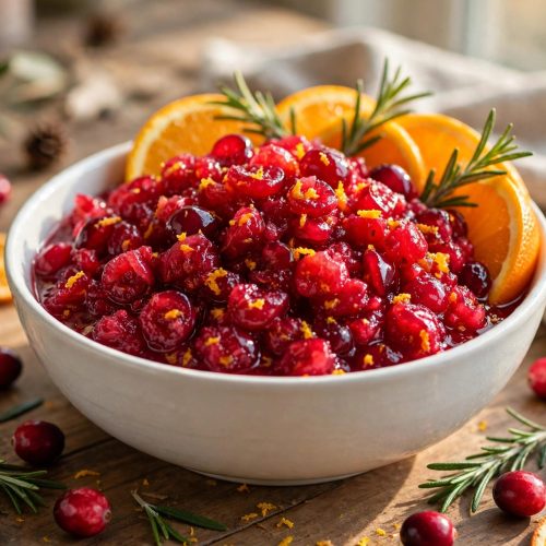 A bowl of bright cranberry orange relish with orange slices