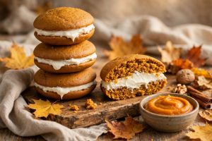 Pumpkin whoopie pies with cream cheese filling