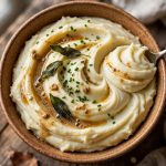 Boursin mashed potatoes in a serving bowl with a silky swirl, topped with chives