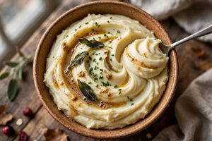 Boursin mashed potatoes in a serving bowl with a silky swirl, topped with chives