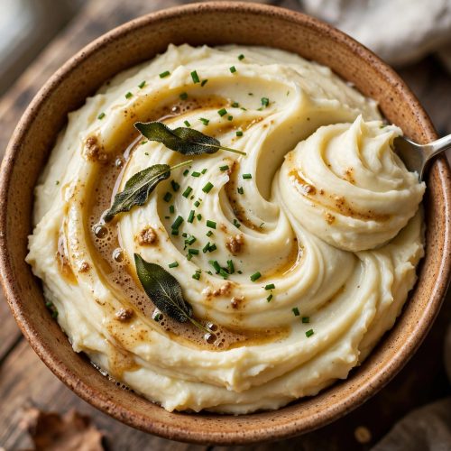 Boursin mashed potatoes in a serving bowl with a silky swirl, topped with chives