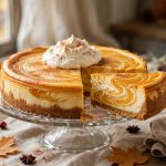Pumpkin pie cheesecake topped with whipped cream on a plate