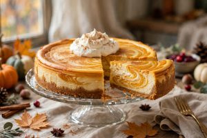 Pumpkin pie cheesecake topped with whipped cream on a plate
