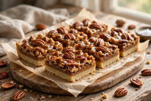 Pecan pie bars with buttery shortbread crust and glossy caramel pecan filling, topped with pecan halves
