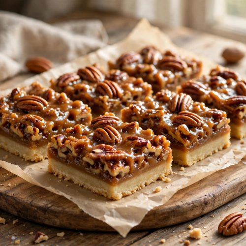 Pecan pie bars with buttery shortbread crust and glossy caramel pecan filling, topped with pecan halves