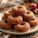 Baked apple cider donuts coated in cinnamon sugar, stacked on a plate