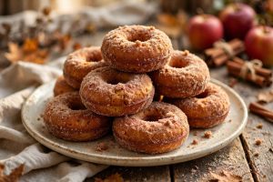 Baked apple cider donuts coated in cinnamon sugar, stacked on a plate