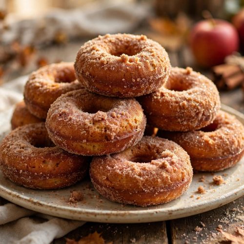 Baked apple cider donuts coated in cinnamon sugar, stacked on a plate