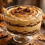 Finished pumpkin tiramisu in a glass trifle dish, dusted with cocoa and cinnamon